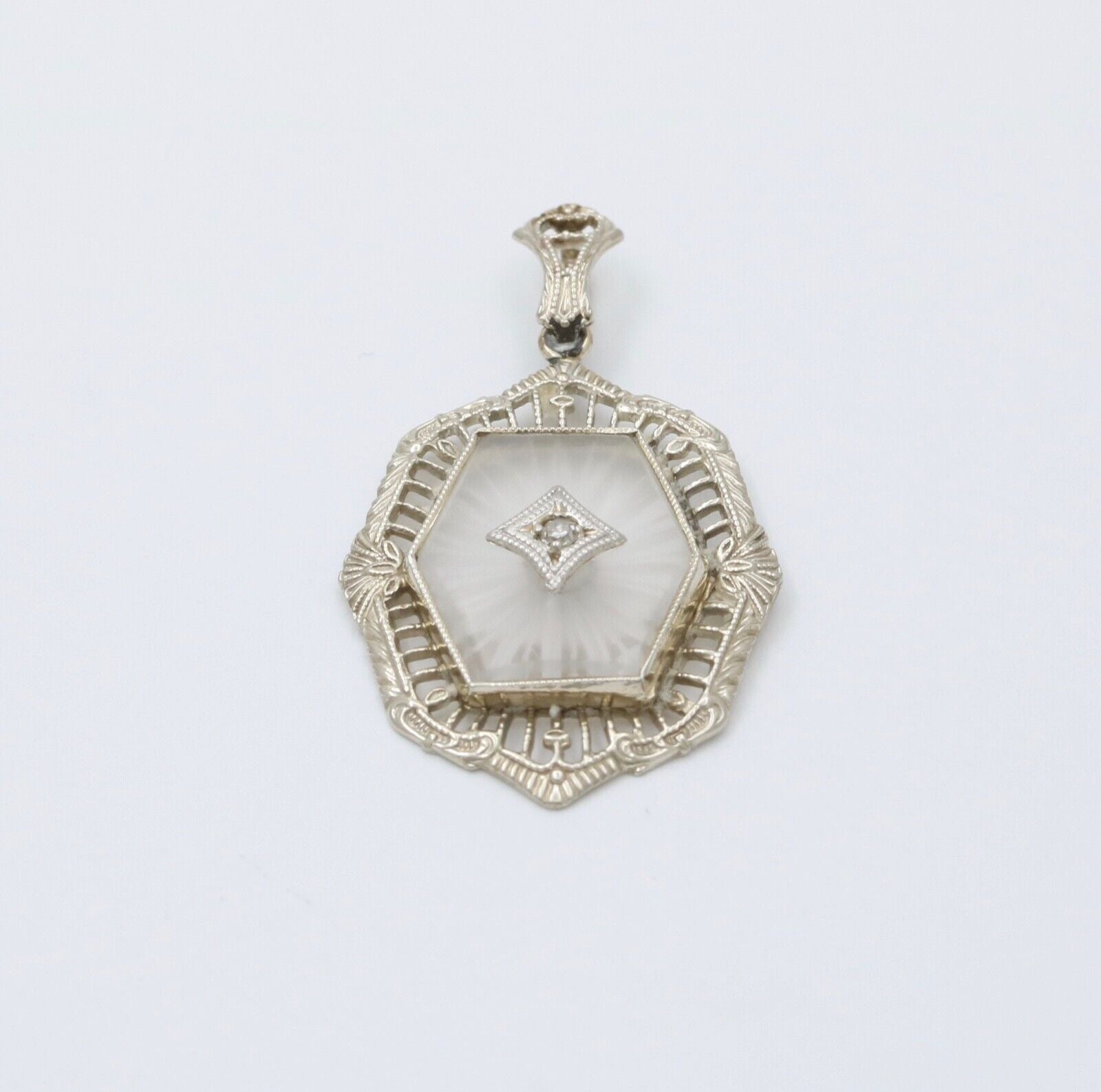 Art Deco 10K Gold Camphor Glass Diamond Pendant.