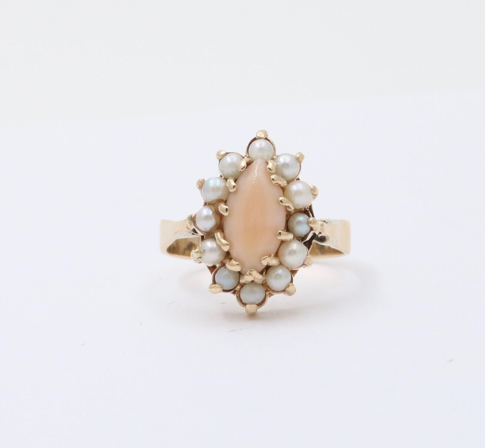 Vintage Pink Coral Pearls 14K Yellow Gold Ring
