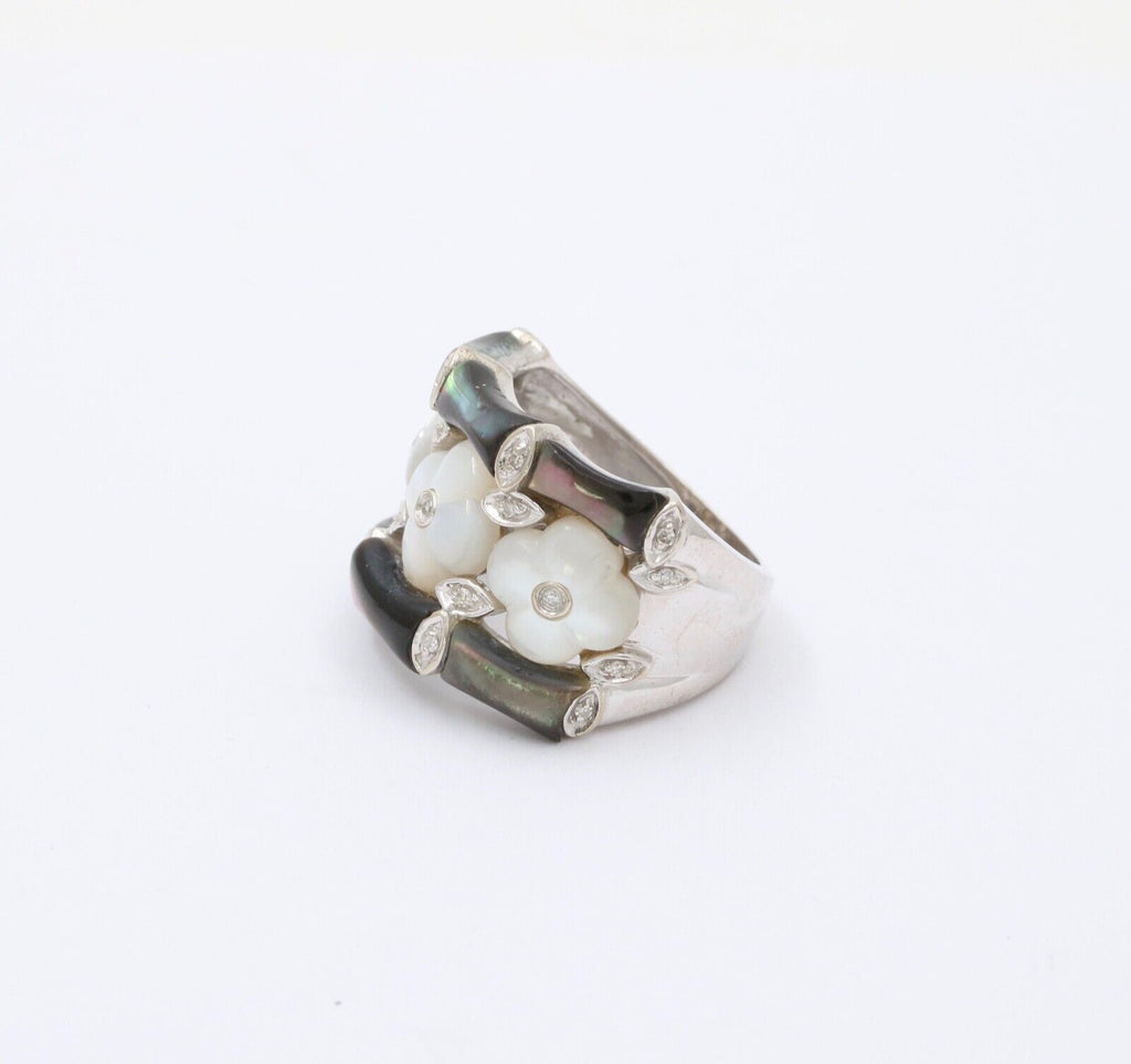 Vintage C&S Flower Moonstones Diamonds 14K White Gold Ring