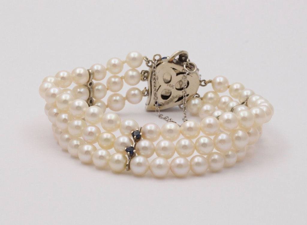 Vintage 3 Strand Beaded Pearl, Sapphire and Diamond Bracelet
