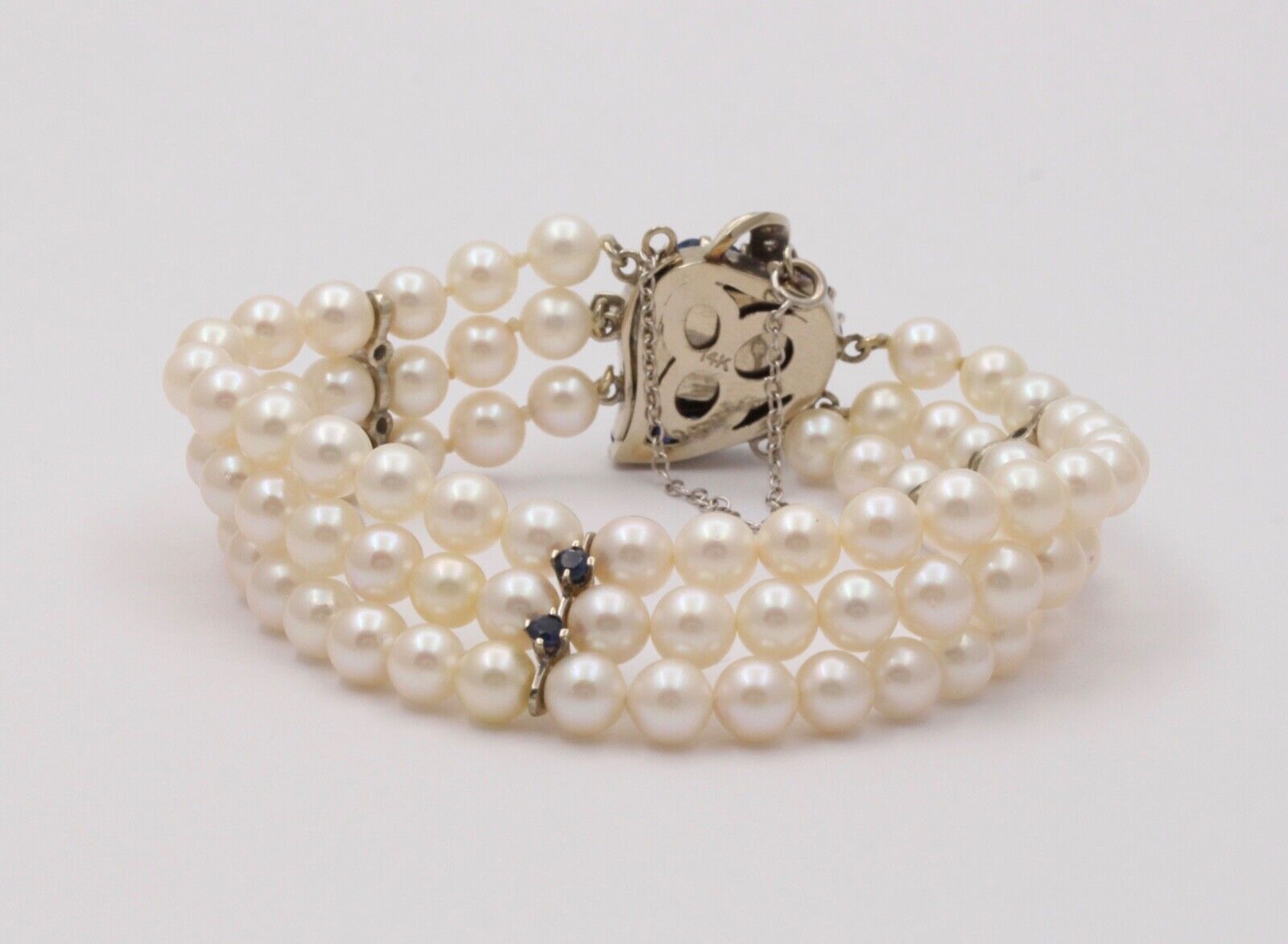 Vintage 3 Strand Beaded Pearl, Sapphire and Diamond Bracelet