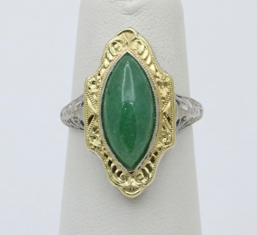 Art Deco 14K Gold Jade Navette Filigree Ring