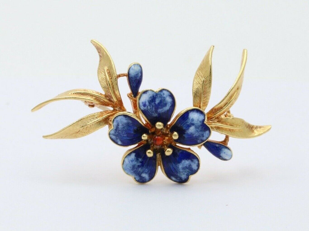 Vintage UNO A ERRE 18K Yellow Gold Blue Enamel Flower Brooch Pin Estate Jewelry