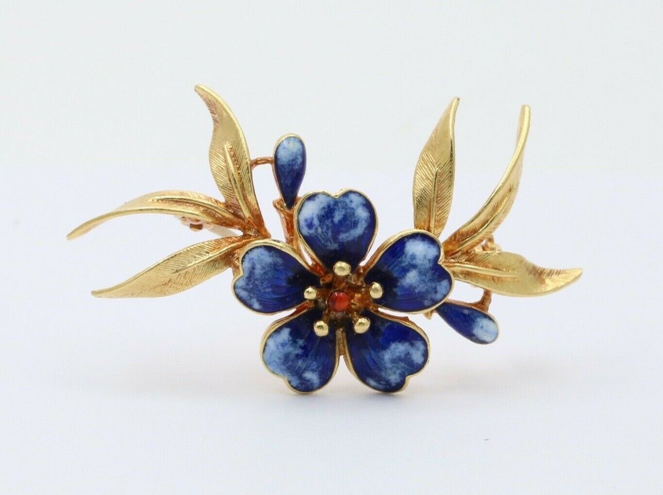 Vintage UNO A ERRE 18K Yellow Gold Blue Enamel Flower Brooch Pin Estate Jewelry