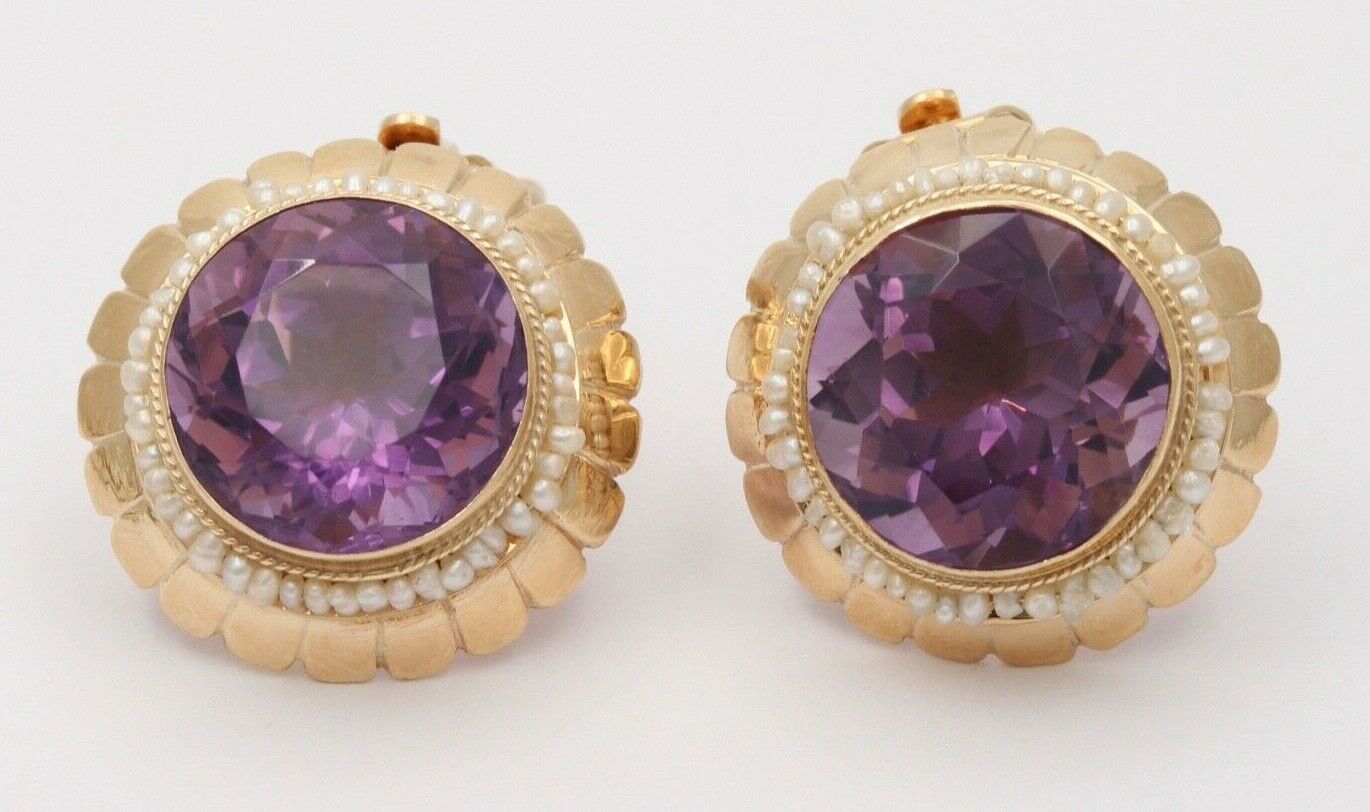 Vintage Round Cut Amethyst Beaded Seed Pearl Halo Button Clip Earrings