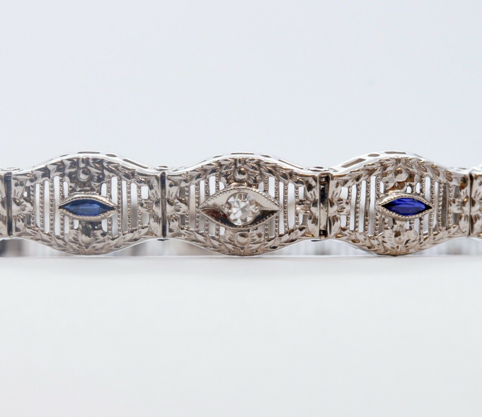 Art Deco Ladies 14K White Gold Diamond Sapphires Bracelet