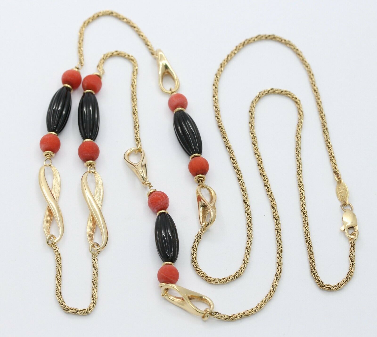 Vintage 14K Yellow Gold Onyx Coral Stacking Rope Style Necklace