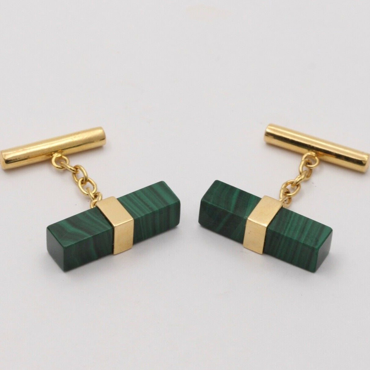 Vintage Handsome Green Malachite Yellow Gold Cufflinks, Man's Accessory.