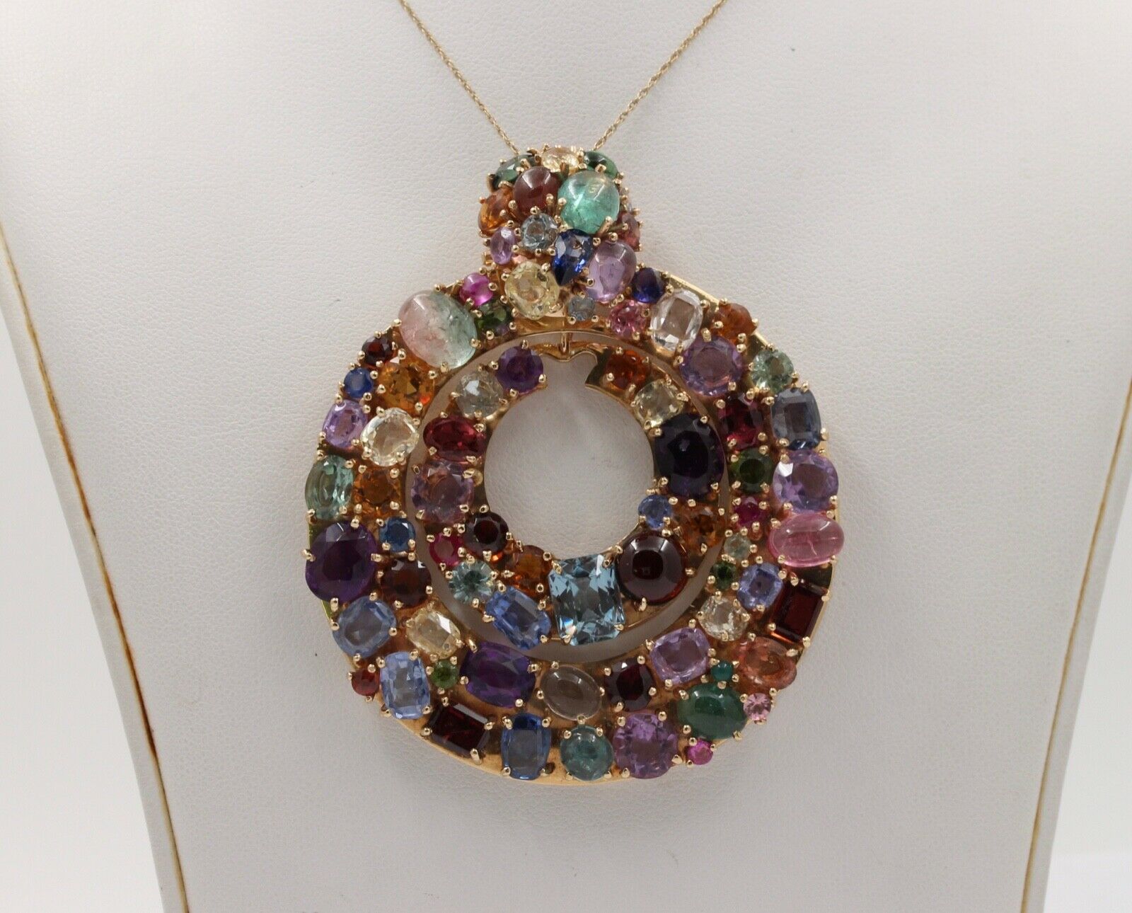 Funky Vintage Multi-Color Gem Stones Large Disc Pendant, Necklace .