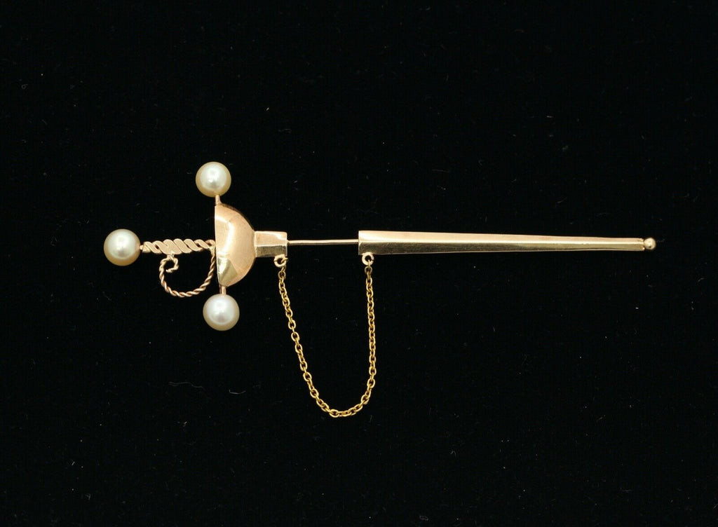 Victorian Sword Brooch 14K Yellow White Gold Diamond Pearls
