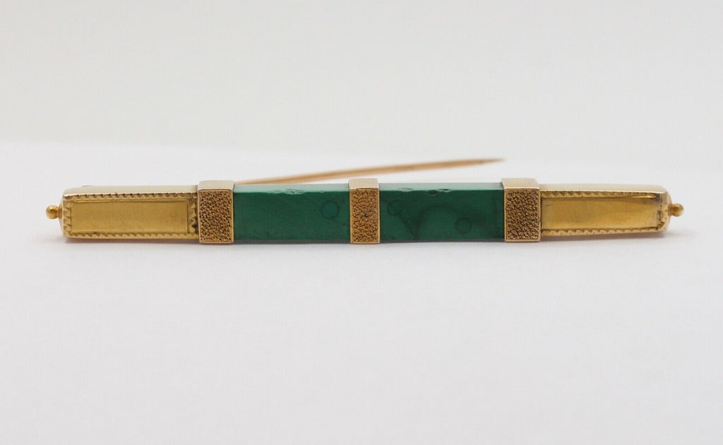 Art Deco Geometric Bar Brooch Malachite 14K Yellow Gold