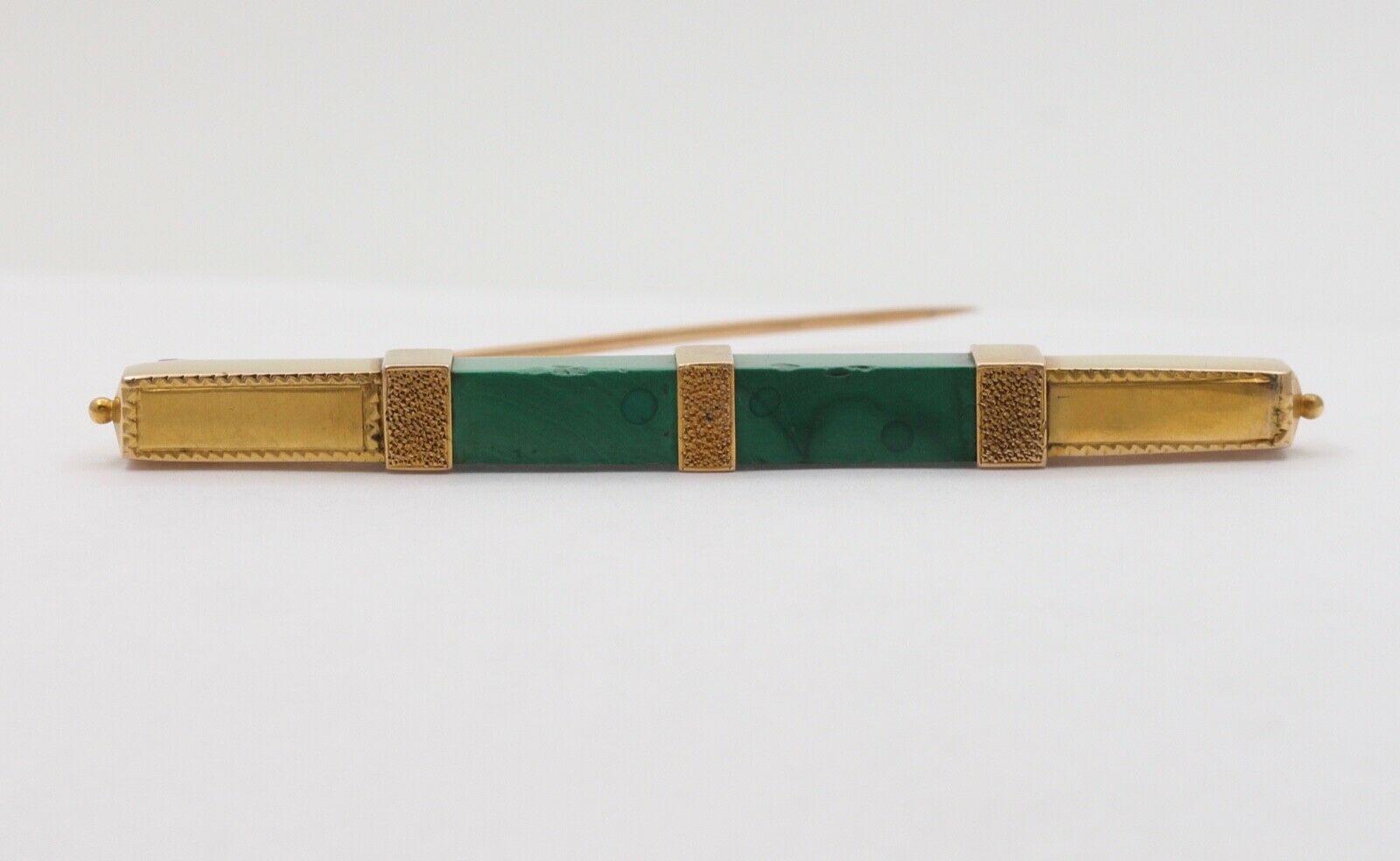 Art Deco Geometric Bar Brooch Malachite 14K Yellow Gold