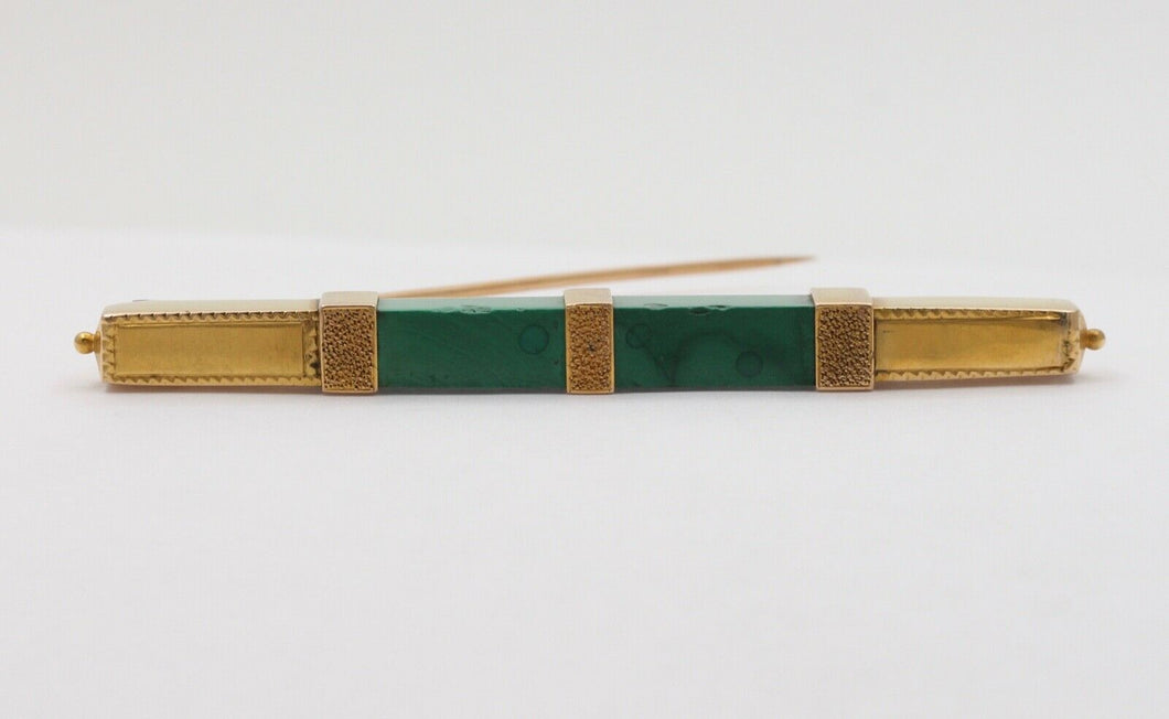 Art Deco Geometric Bar Brooch Malachite 14K Yellow Gold