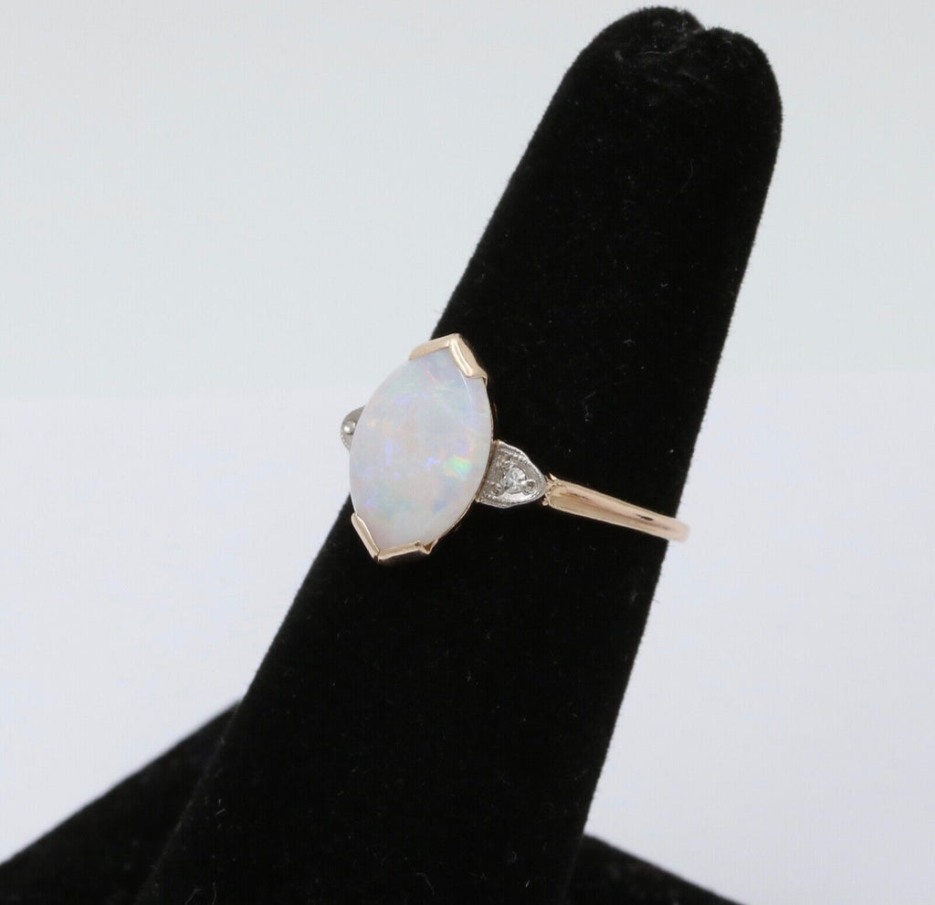 Art Deco 10K Yellow Gold Opal & Diamond Ring