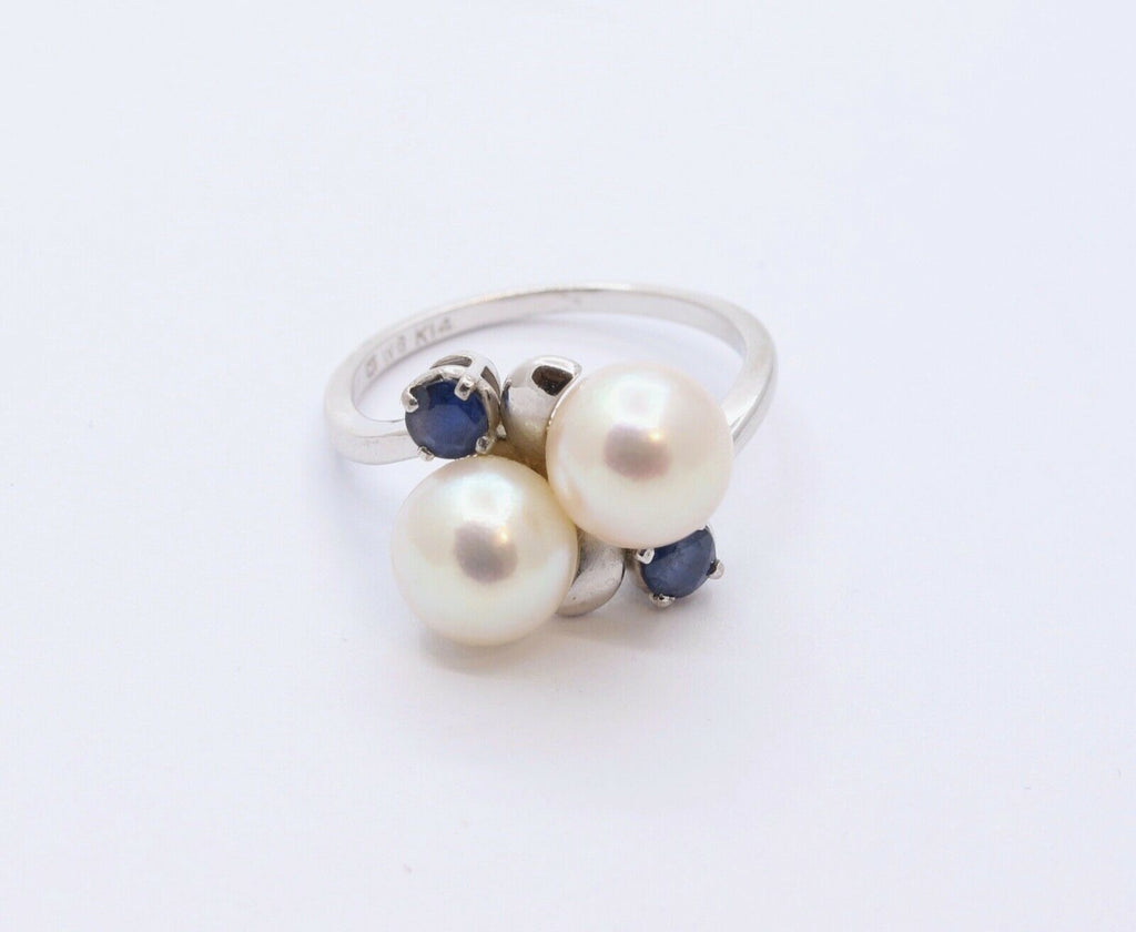 Mikimoto Vintage Pearls Blue Sapphires 14K White Gold Ring