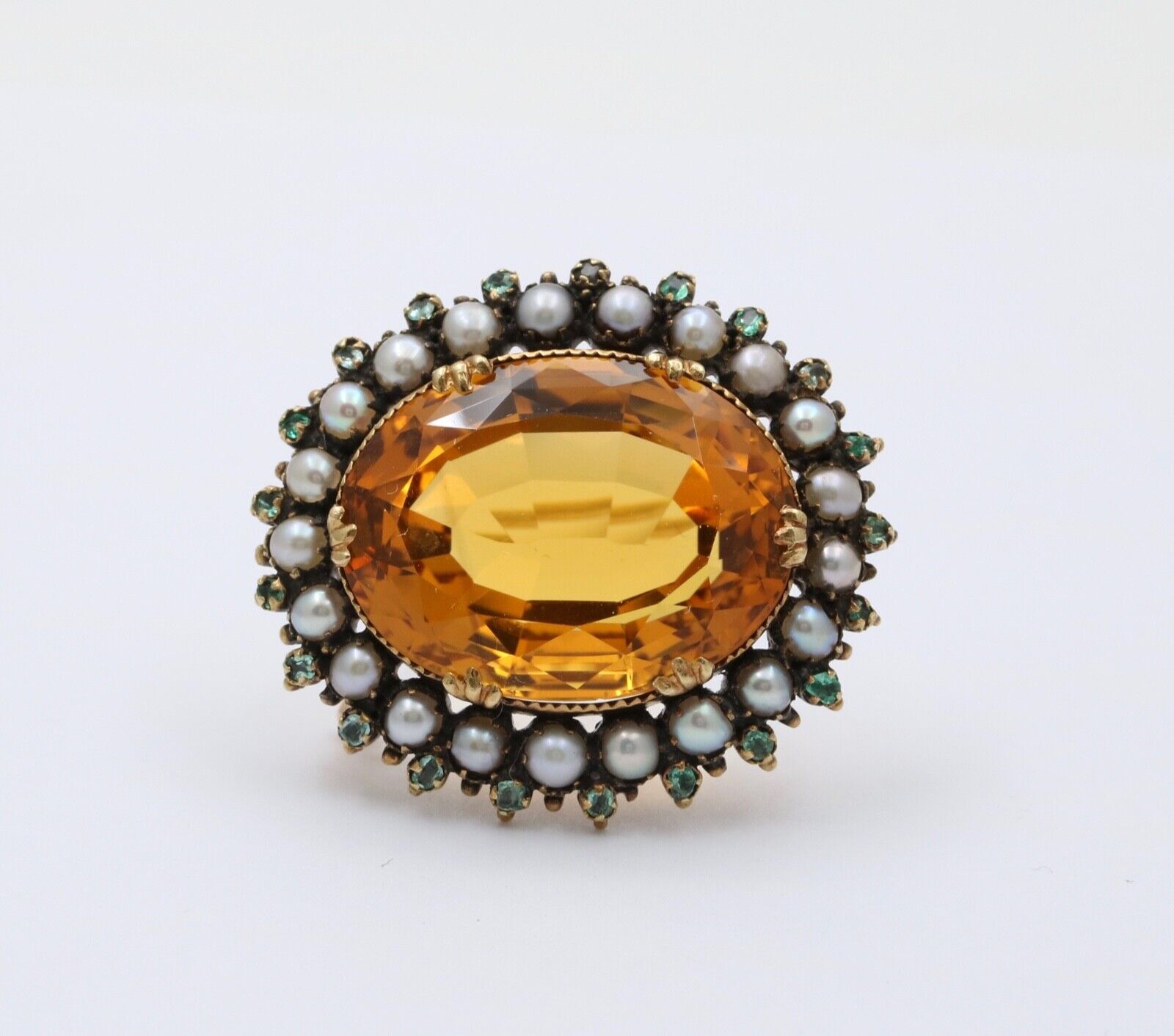Victorian Madeira Citrine, Pearl Emerald 14K Gold Brooch, Antique Brooch.