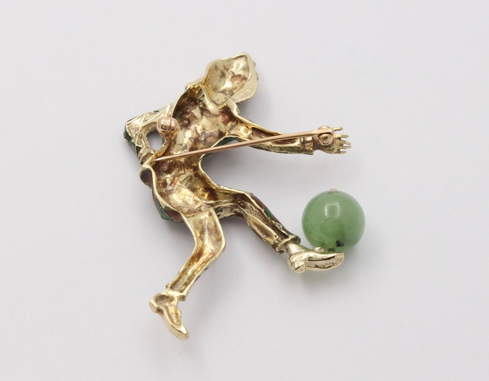 Vintage Unique Enamel Jester With Chrysoprase Ball Brooch, Pin.