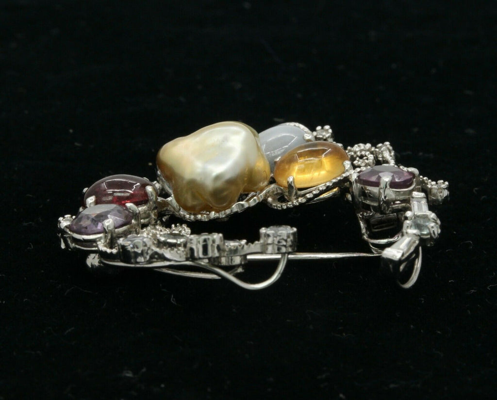 Vintage 18K White Gold Multi-Gemstone Diamond Brooch Pendant