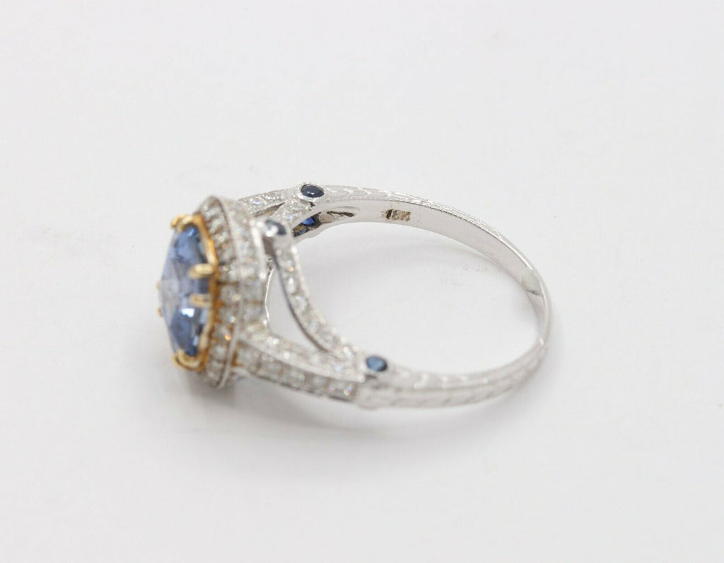 Vintage 18K White Gold Halo Setting Natural Sapphire Diamond Alternative Engagem