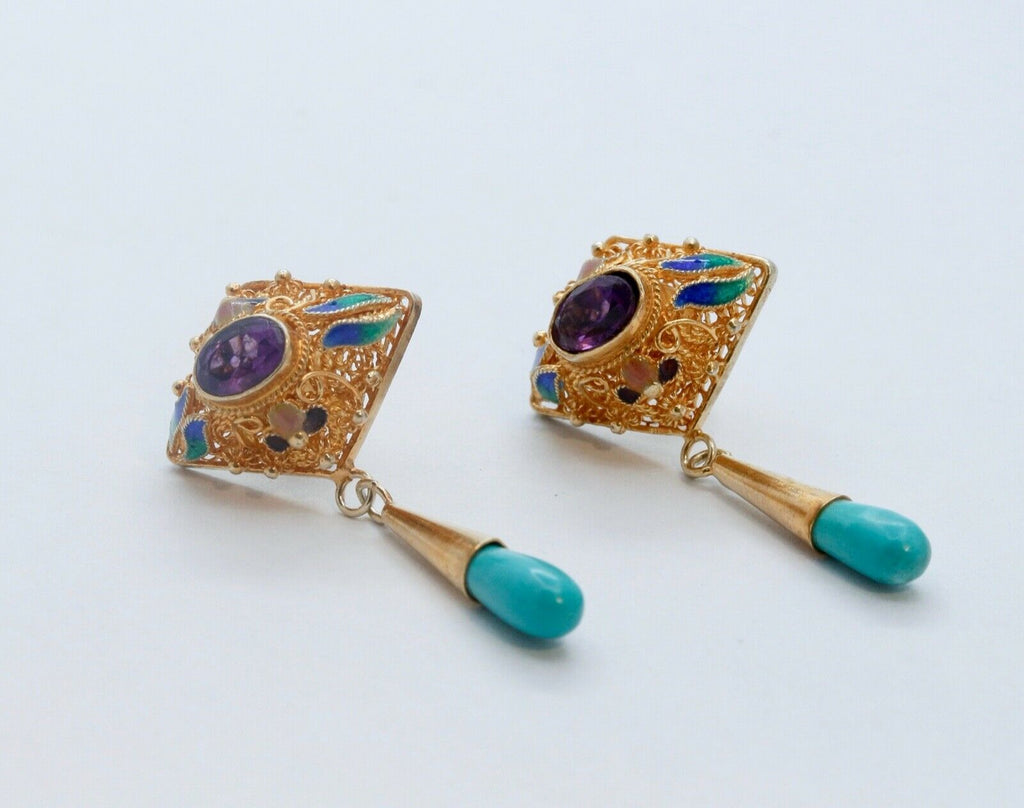 Vintage 1940's Gold Gilt Turquoise Amethyst Enamel Earrings