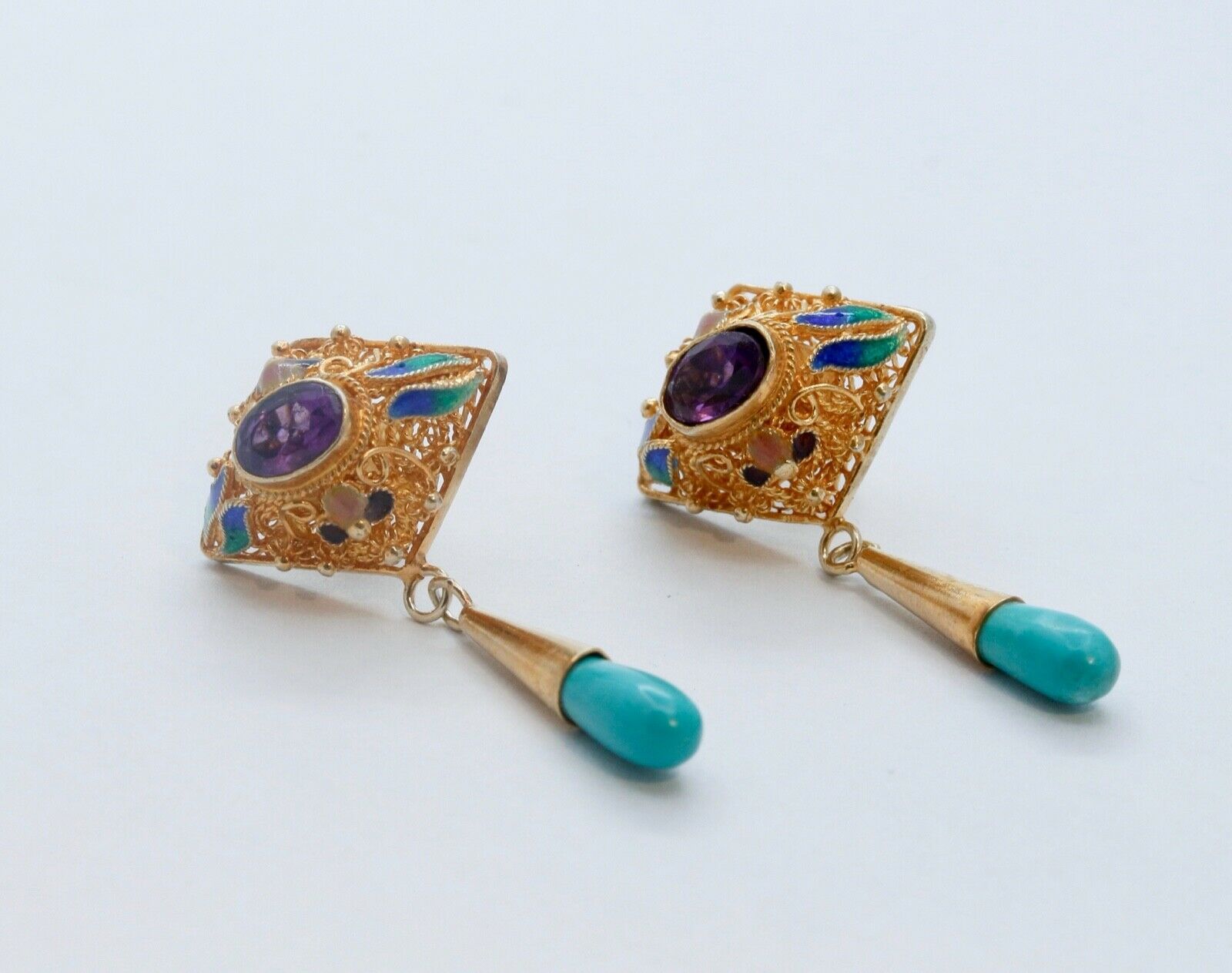 Vintage 1940's Gold Gilt Turquoise Amethyst Enamel Earrings