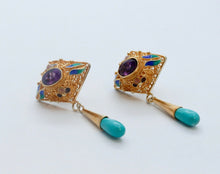 Load image into Gallery viewer, Vintage 1940&#39;s Gold Gilt Turquoise Amethyst Enamel Earrings
