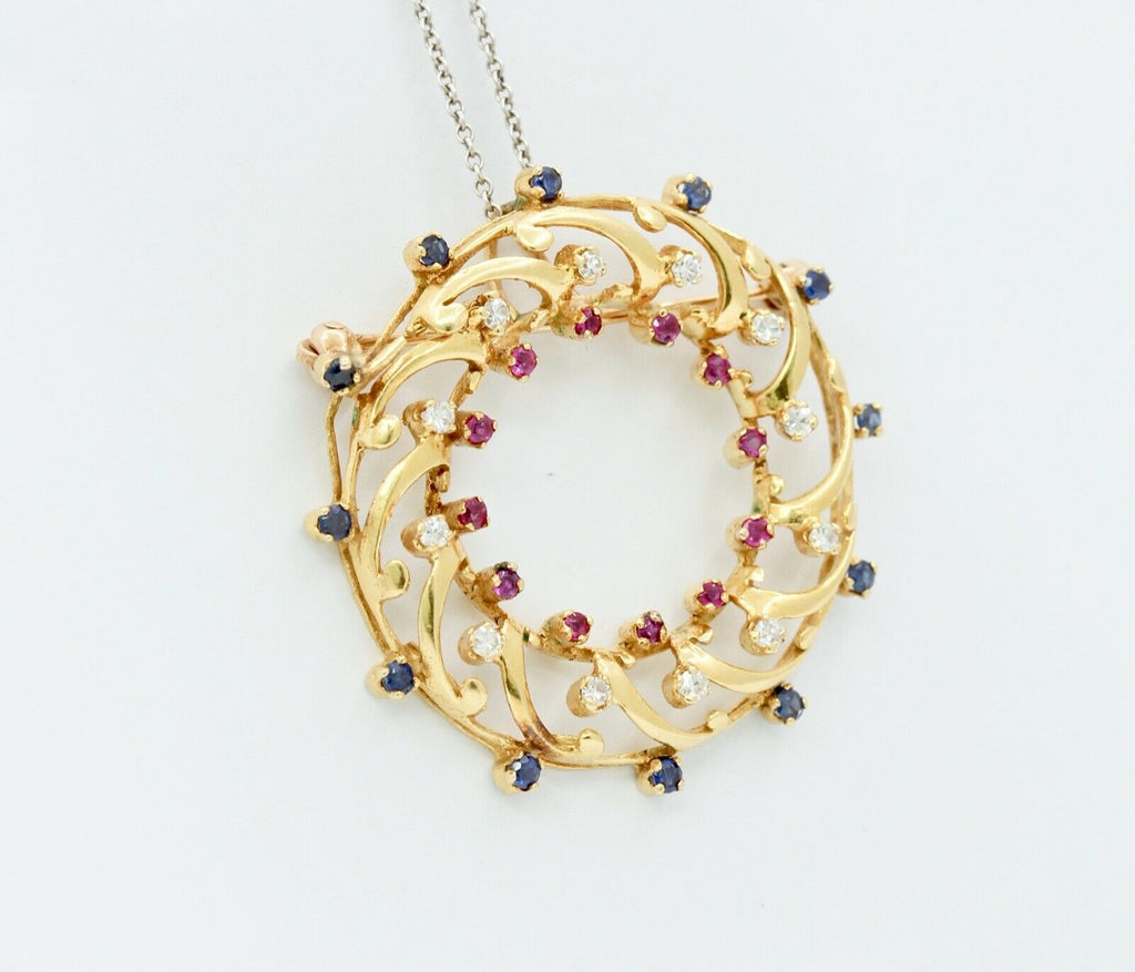 Wreath Brooch Pendant 18K Yellow Gold Diamonds Rubies Sapphires