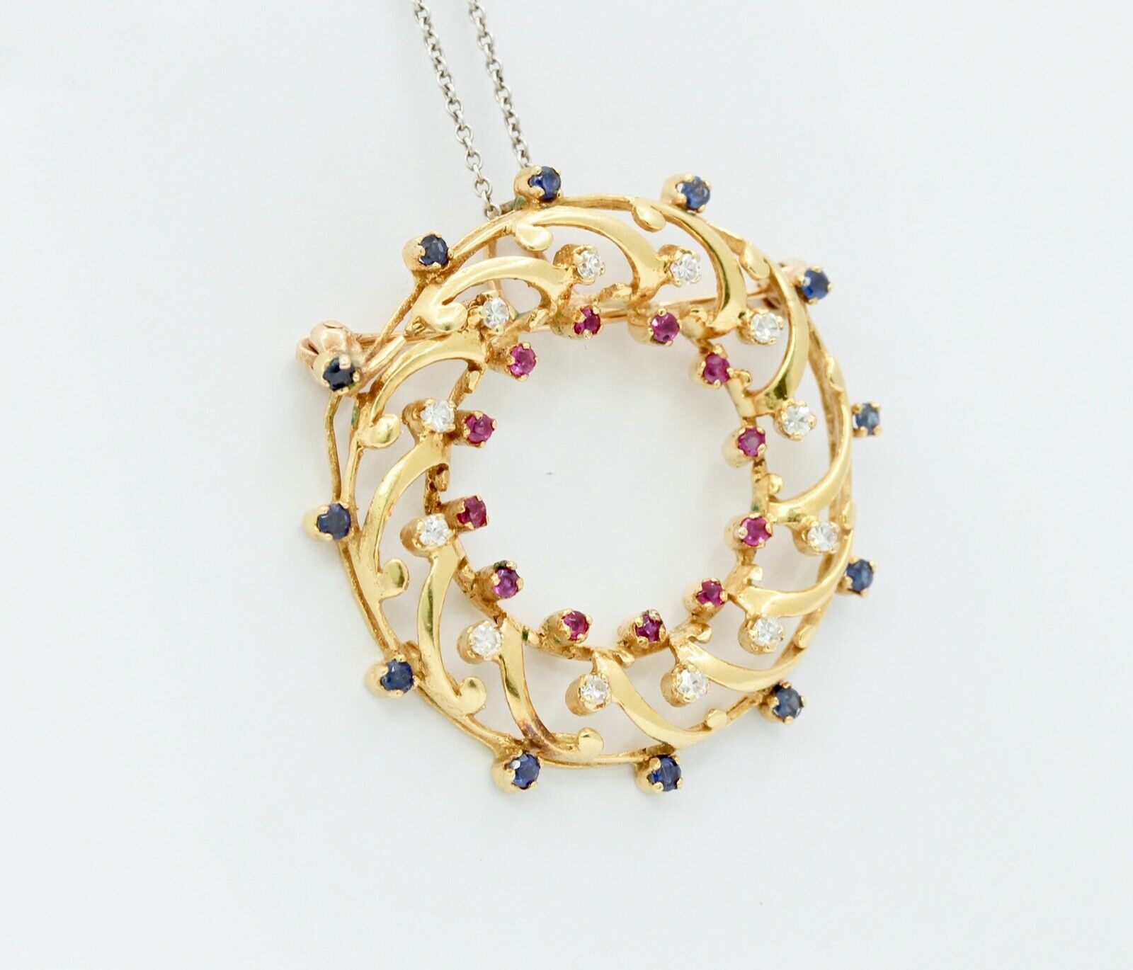 Wreath Brooch Pendant 18K Yellow Gold Diamonds Rubies Sapphires