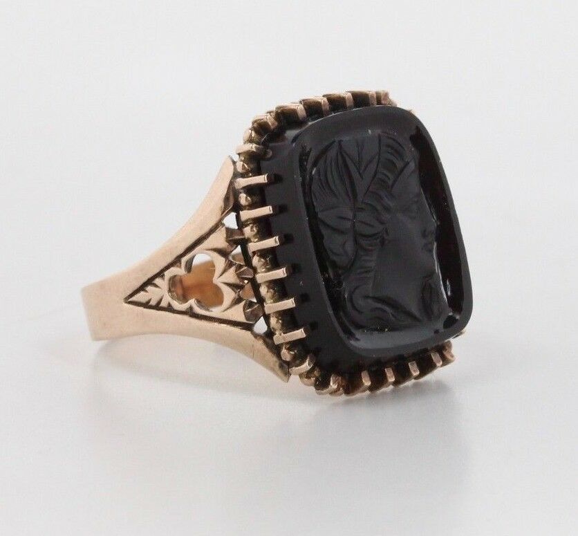 Vintage Onyx Intaglio Men's Ladies Unisex Portrait 10K Yellow Gold Ring