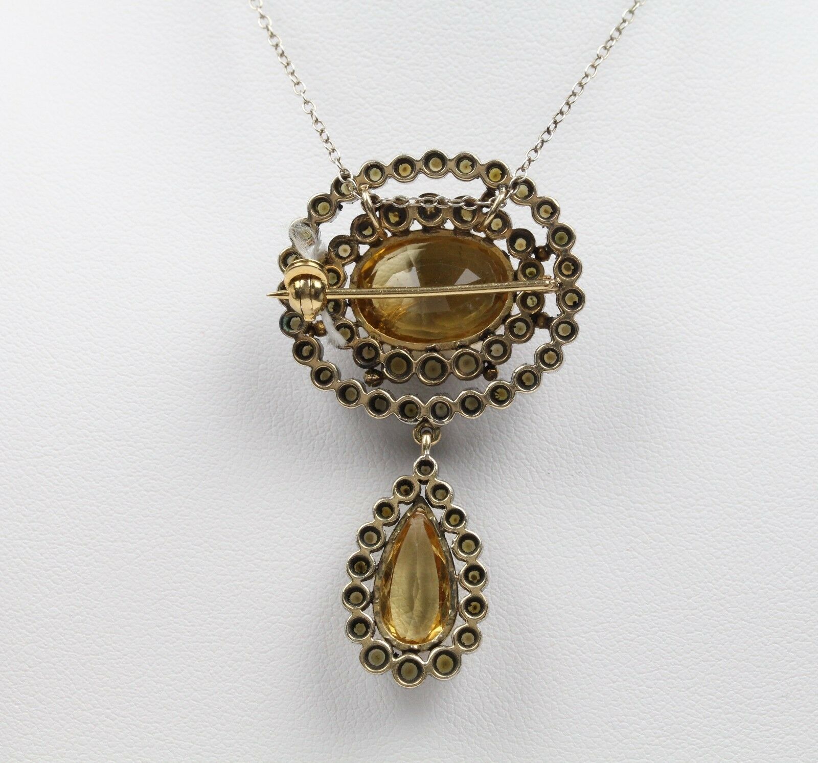 Vintage 14K & Silver Citrine Seed Pearl Brooch Pendant