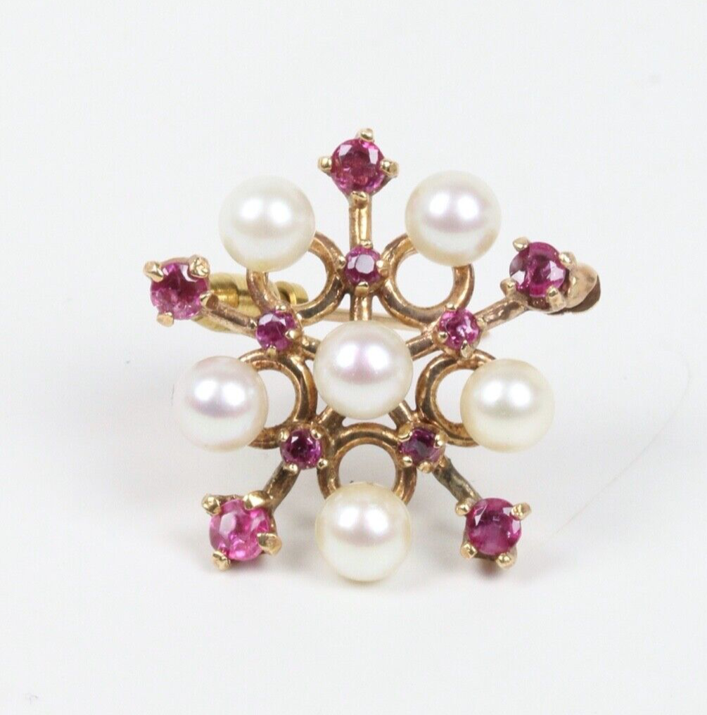 Vintage 14K Yellow Gold Rubies Cultured Pearls Pendant Brooch