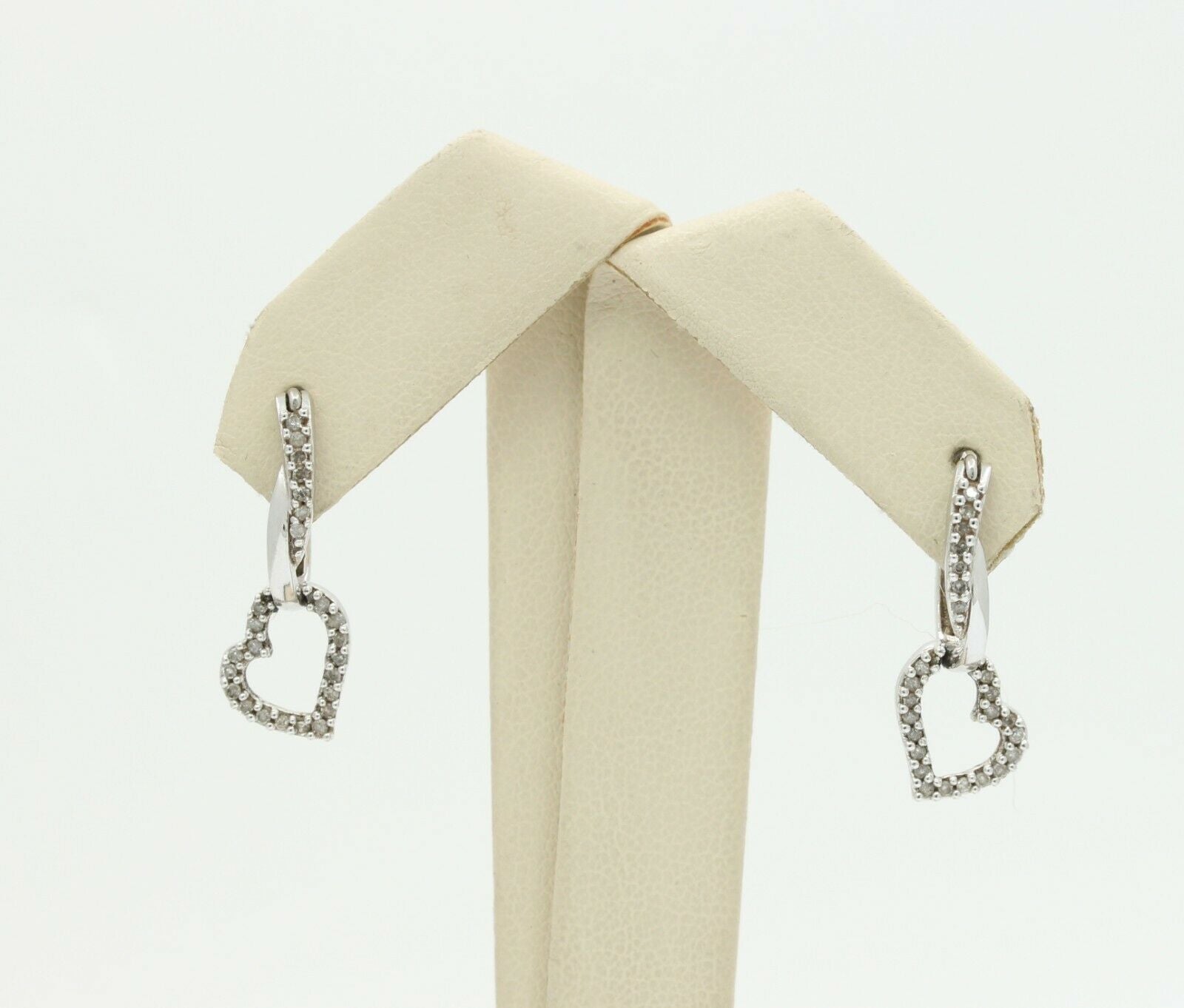 Vintage 10K White Gold Diamond Heart Drop Earrings