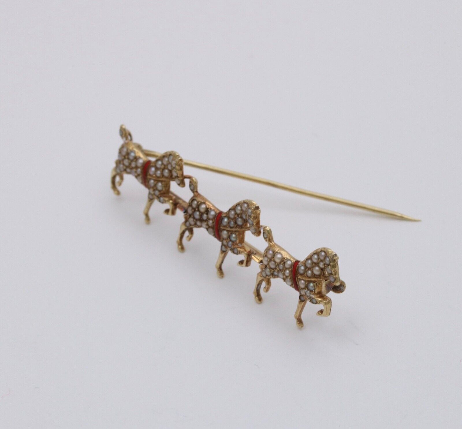 Victorian Hackney Horses Seed Pearls Red Enamel 14K Yellow Gold Brooch