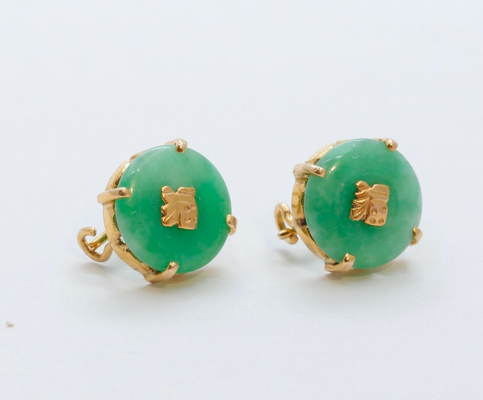Vintage Good Luck Jade 14K Yellow Gold Earrings