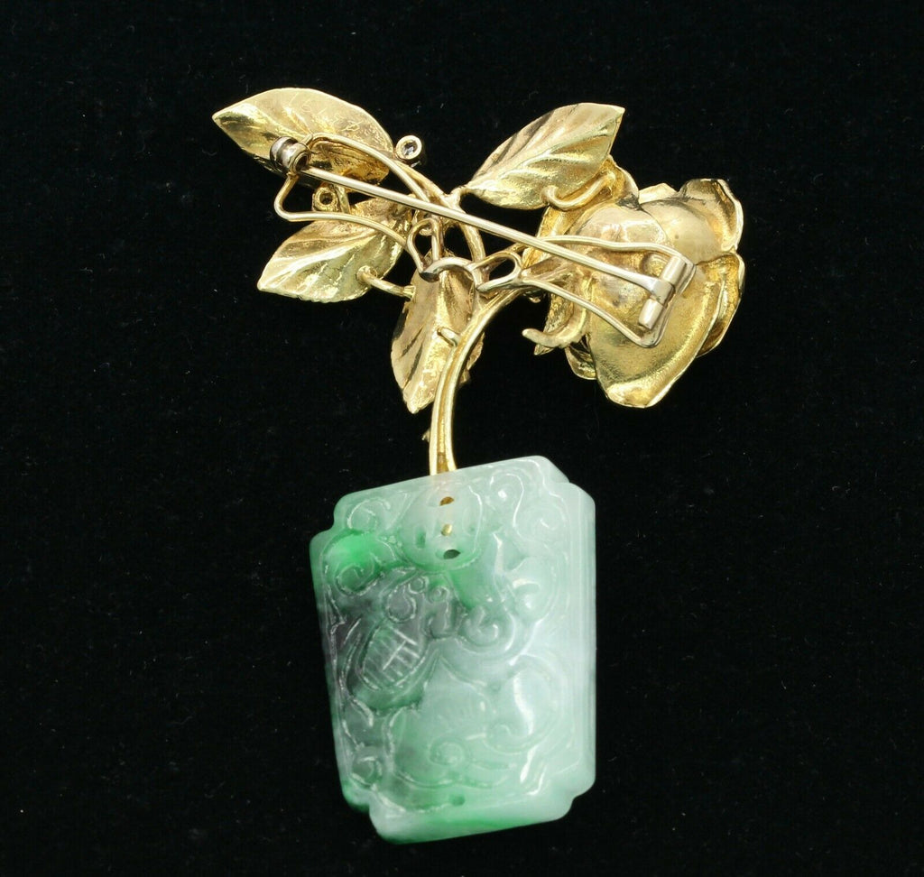 Vintage Heavy Custom Made 18K Yellow Gold Diamond Jade Rose Flower Pot Brooch