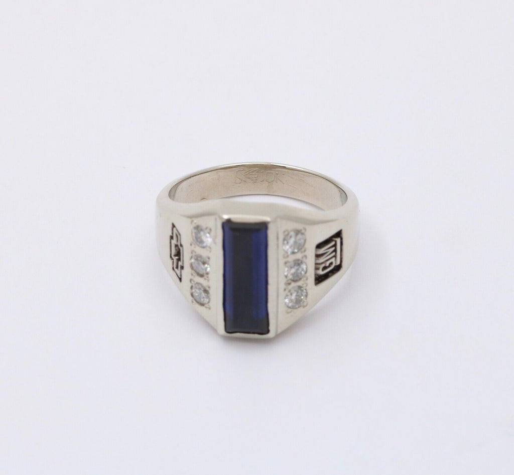 Vintage GM Chevy Bowtie Blue Sapphire Diamonds 10K White Gold Ring