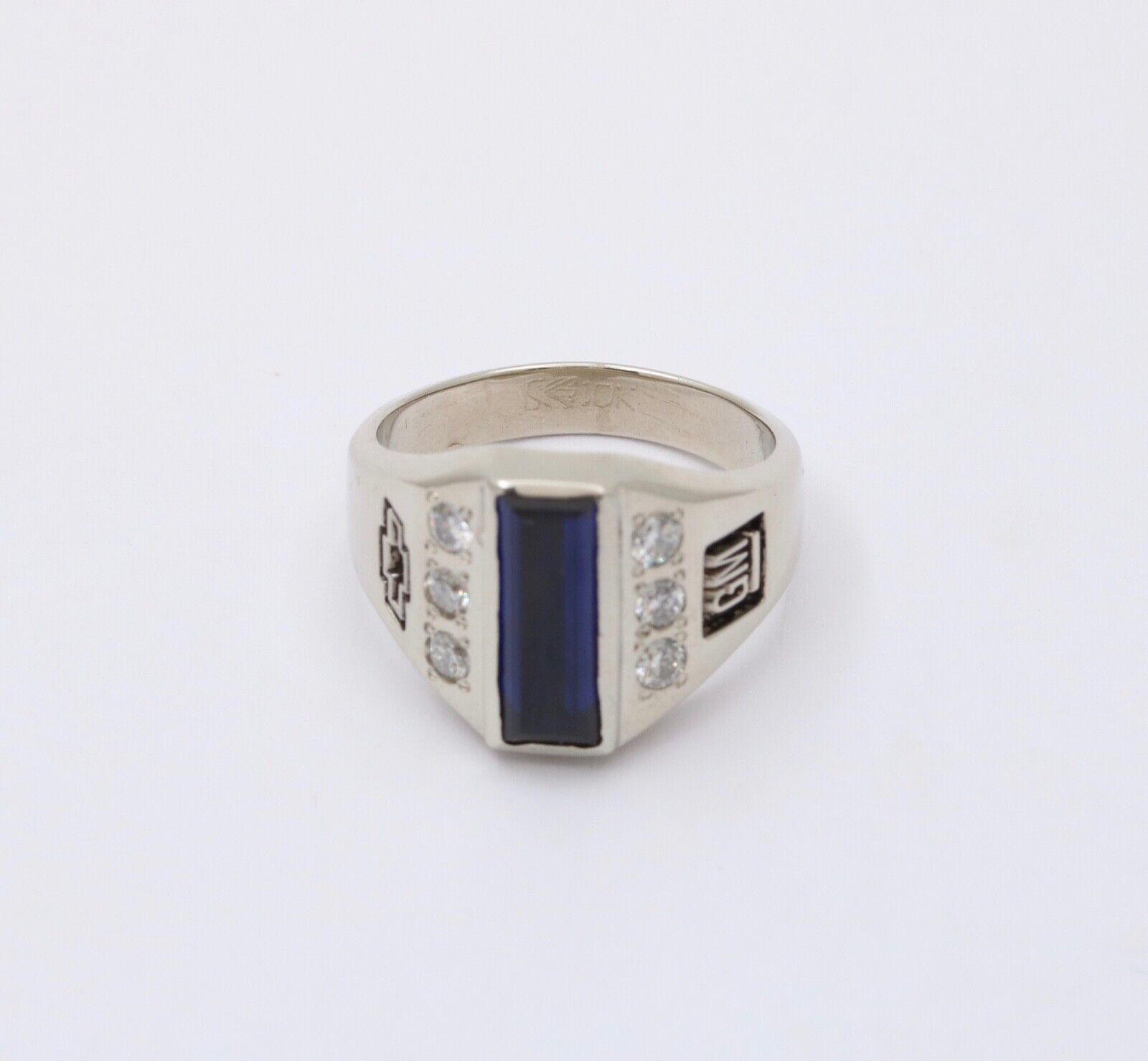 Vintage GM Chevy Bowtie Blue Sapphire Diamonds 10K White Gold Ring