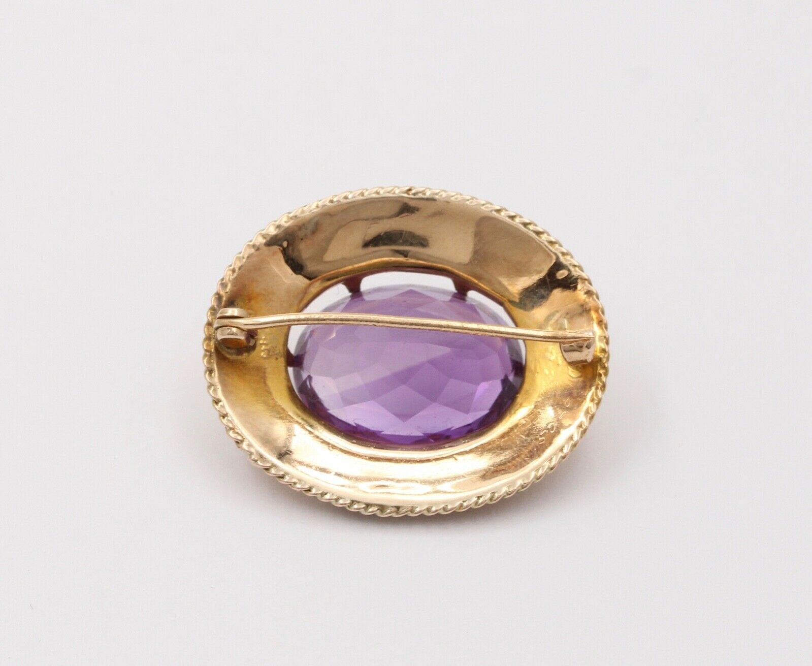 Victorian Revival Oval Amethyst 14K Yellow Gold Brooch Pin