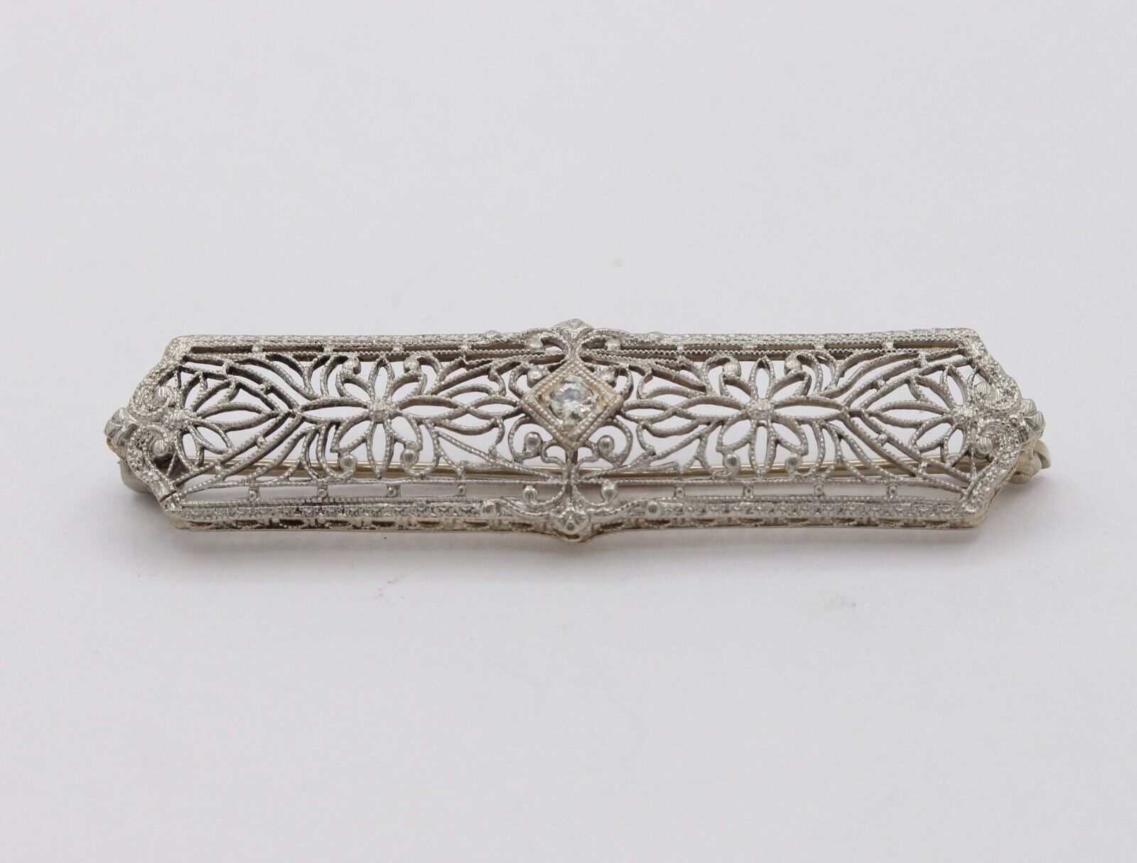 Art Deco 14K White Gold Diamond Bar Pin Brooch