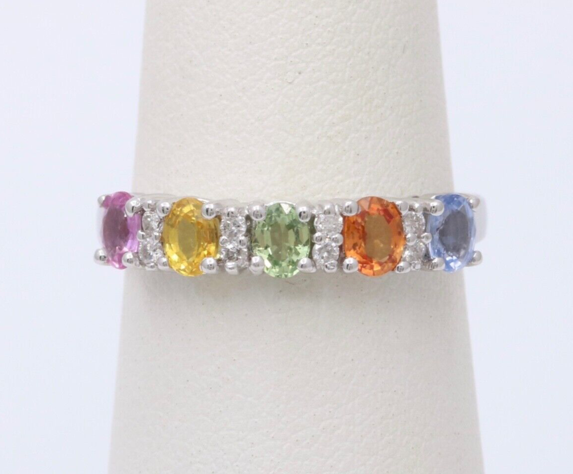 Fun 14K White Gold Multi Color Sapphire And Diamond Ring Band