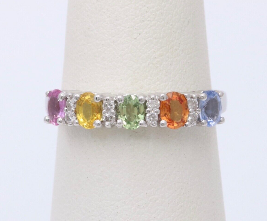 Fun 14K White Gold Multi Color Sapphire And Diamond Ring Band