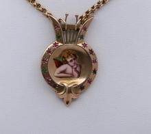 Load image into Gallery viewer, Victorian Enamel Cherub Emerald Ruby Garnet Amethyst 14K Pendant and Rolo Chain
