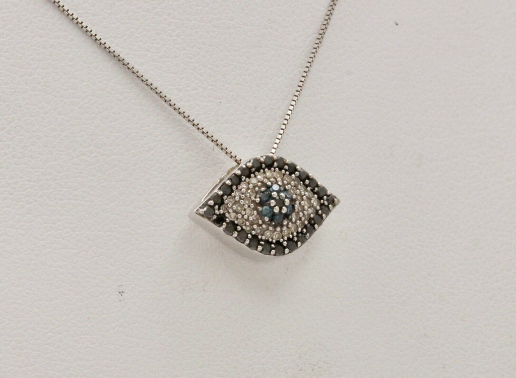 Beautiful Evil Eye Apotropaic Diamonds Sapphires 14K White Gold Pendant & Chain