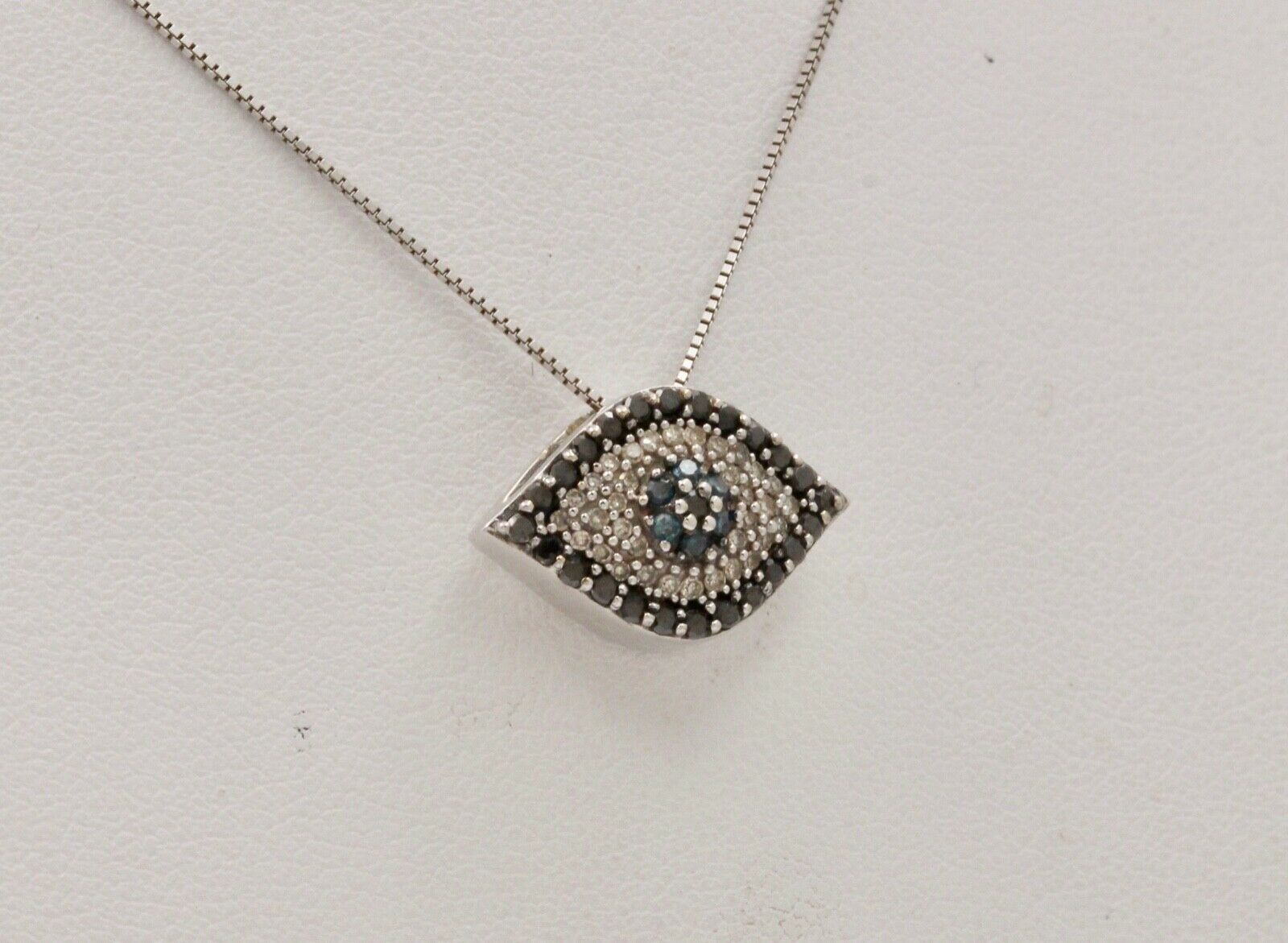 Beautiful Evil Eye Apotropaic Diamonds Sapphires 14K White Gold Pendant & Chain