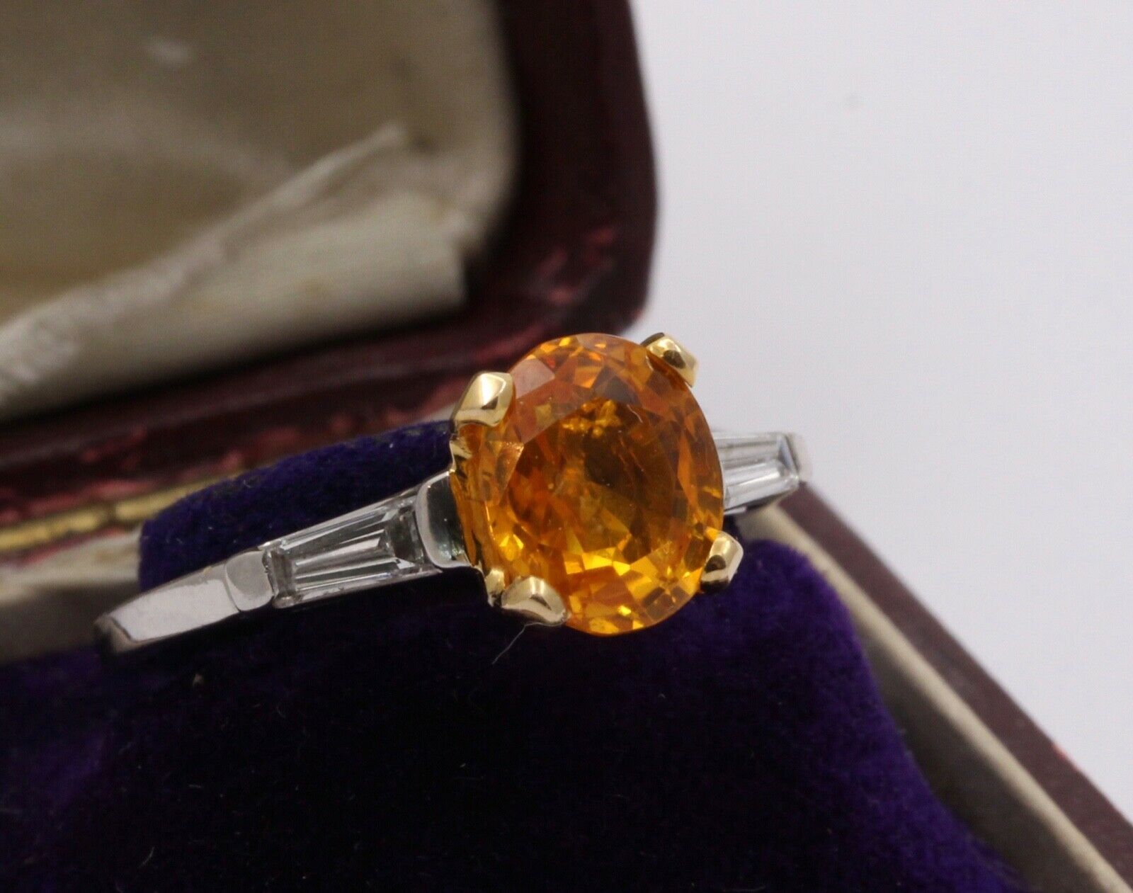 Vintage Oval Yellow Sapphire Baguette Diamonds Platinum Ring