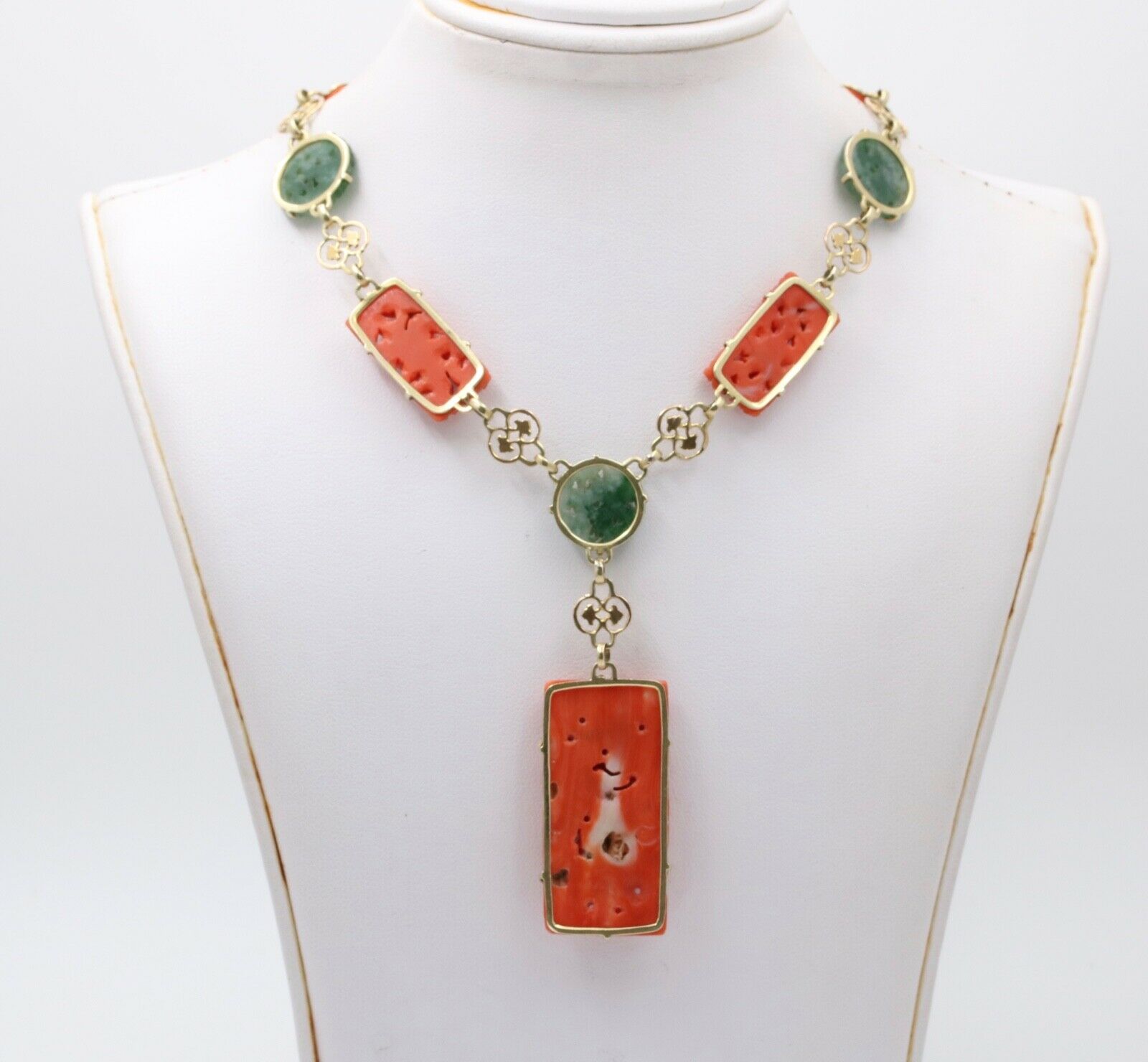 Vintage 14K Yellow Gold Circa 1930’s Carved Coral & Jade Necklace,