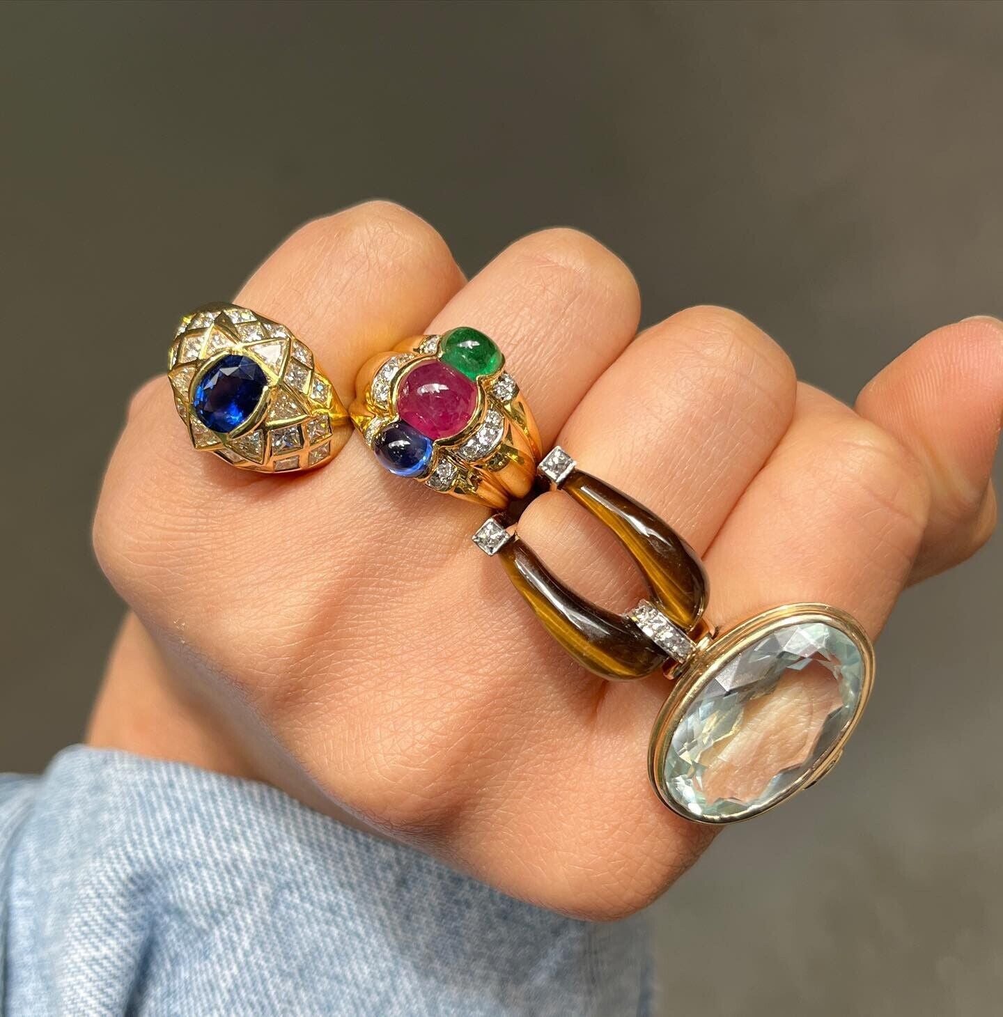 Funky Vintage 18K Yellow Gold Cabochon Ruby, Sapphire & Emerald Ring, Estate Rin