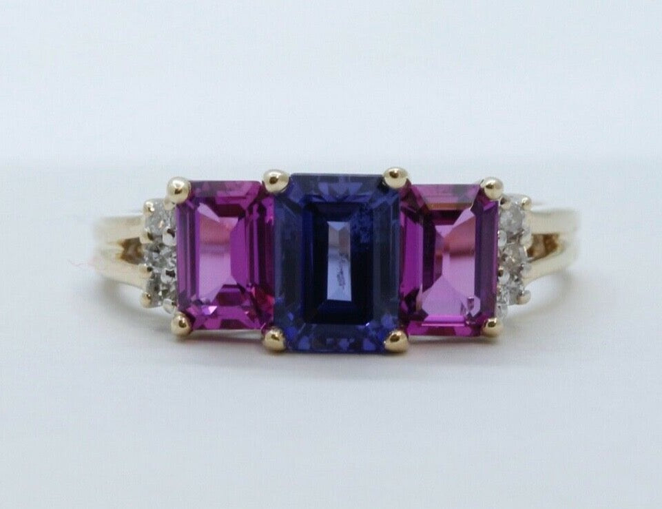 Vintage Tourmaline Tanzanite Diamonds 10K Yellow Gold Ring