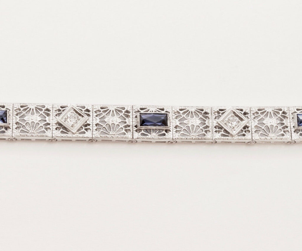 Art Deco Ladies Bracelet Diamonds Blue Sapphires 14K White Gold