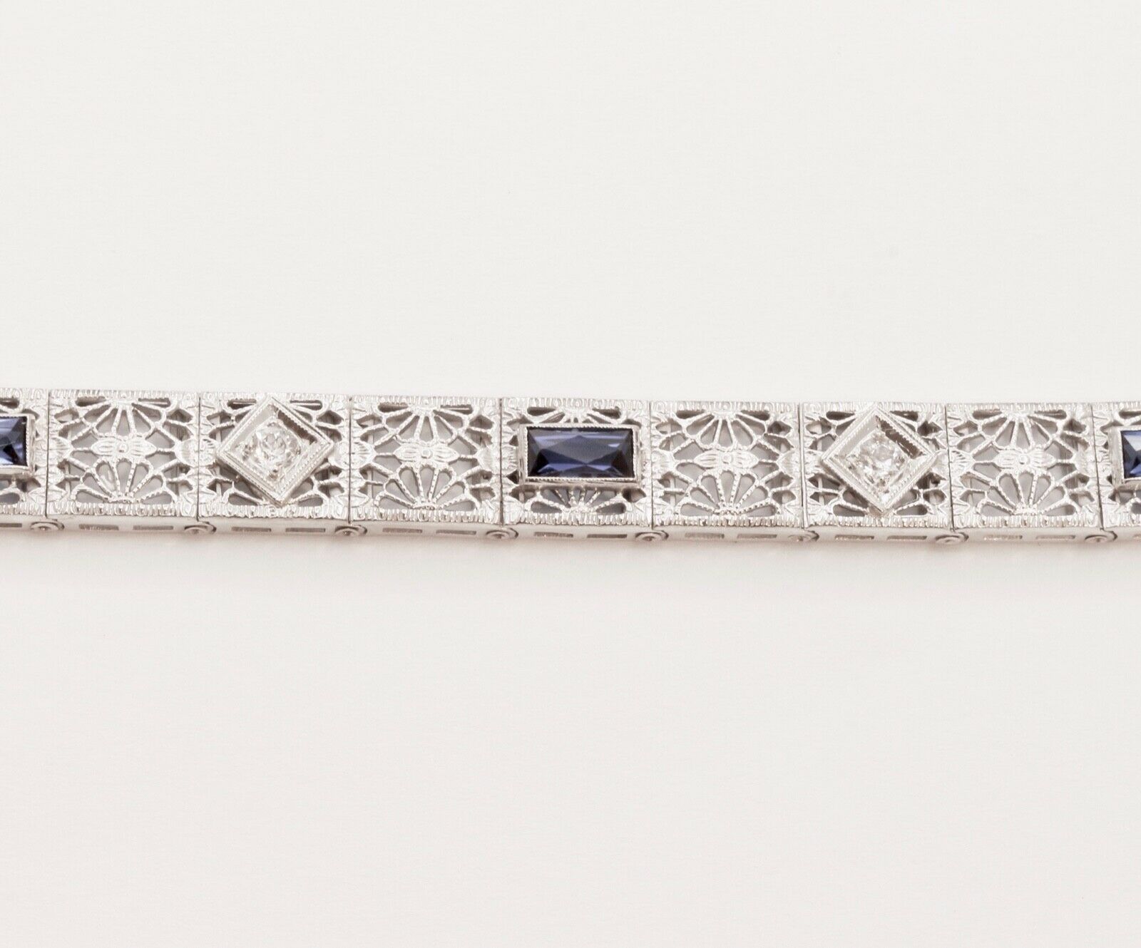 Art Deco Ladies Bracelet Diamonds Blue Sapphires 14K White Gold